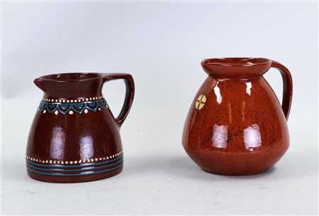 A lot consisting of two small jugs, Ringel technique, and inlay technique....