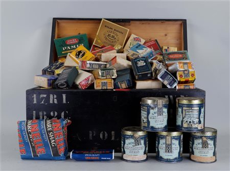 A collection of various tobacco from the 40s/50s in a military box.