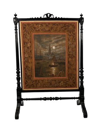 A blackened wooden fire screen, depicting the port of Antwerp. ca. 1880.105 x...