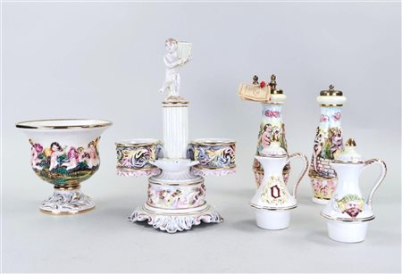 A Capodimonte lot consisting of an oil and vinegar set, a salt cellar and...