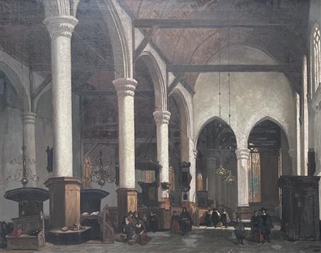 Church interior with many figures, signed indistinctly, and dated 1898...