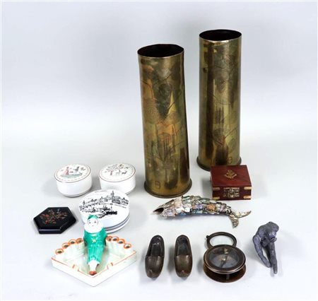 A miscellaneous lot consisting of two grenade shells, mother-of-pearl fish,...