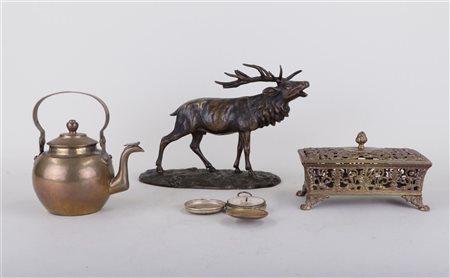 A miscellaneous lot consisting of a bronze deer, an open cast lid box, a...