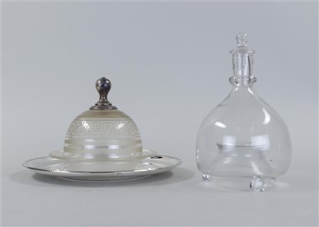 A lot consisting of a butter dish with silver knob, fly catcher and a...