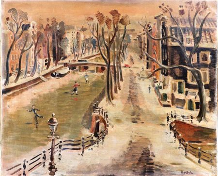 Gerard Hordijk (1899 - 1958), Skaters on the canal. signed (bottom right),...