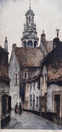 Herman Adriaan 'Han' Jelinger (1895 - 1961), Street with church tower, signed...