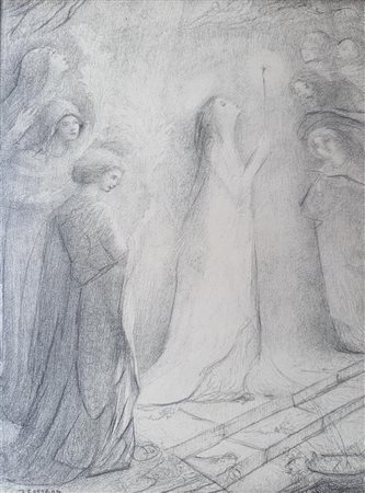 Jan Cossaar (1874 - 1966), Female figures by a luminous lily, signed (bottom...