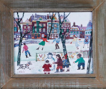 Ferry Slebe (1907-1994), Skaters on the canal, signed (lower left), and...