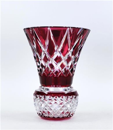 A large cut crystal, cranberry Val St. Lambert goblet vase, marked on the...