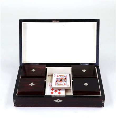 Wooden card box incl. cards and various chips.