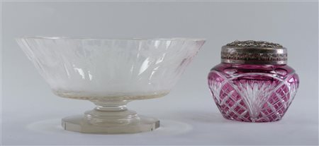 Two Bohemian crystal objects consisting of a bowl and a flower plug. Bowl has...