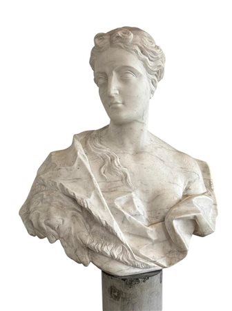 A large Carrara marble bust depicting Hera on a marble column.