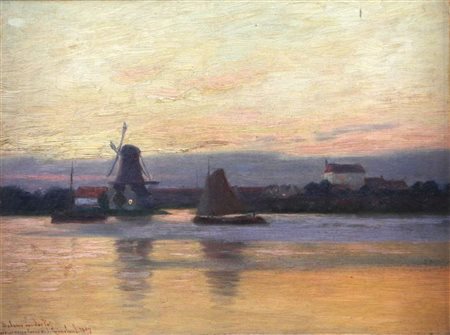 Johannes Martin Grimelund (1842 - 1917), Flat-bottomed boat on a river at...