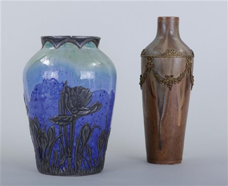 Two earthenware vases with copper and silver-plated fittings, including...