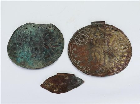 A lot of three brass grave plates engraved with religious scenes. Saint Xist...