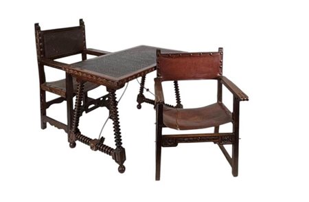 Ern leather upholstered Spanish payment table with matching chair. Also a...