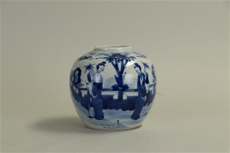 A Chinese porcelain ginger jar depicting a lady-in-waiting with a fool in a...