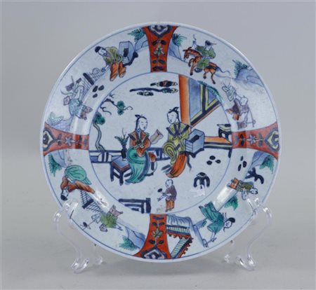 A porcelain ducai dish decorated with various figures. China, 19th century....