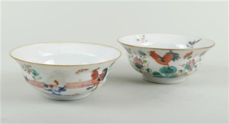 2x Porcelain Famille Rose deep bowls with rooster decoration China, 19th...