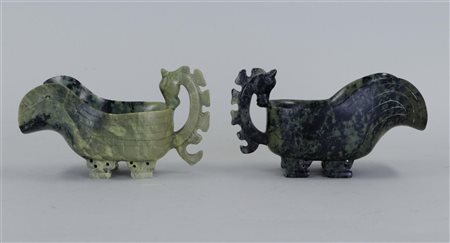 A lot of two nephrite libation cups. China, 20th century.16 x 9 cm.