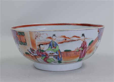 A Porcelain bowl Mandarin decor with decoration of ladies at table with tea...