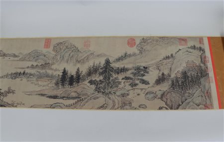 A Chinese scroll drawing depicting a landscape and various symbols and...