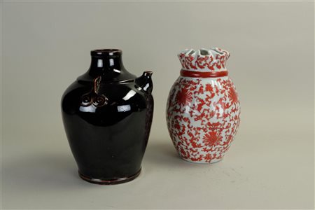 A lot consisting of two various Chinese vases, a dark glazed wine vase, and...