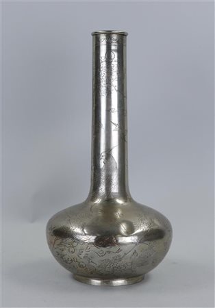 A silver-plated Meji pipe vase. Japan, circa 1900. Dents.H. 35 cm.