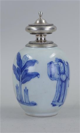 A porcelain tea caddy decorated with figures and a glued silver-plated cap....