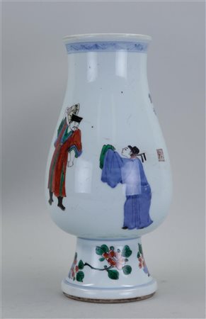 A porcelain wucai vase with decoration of figures and Chinese characters on...