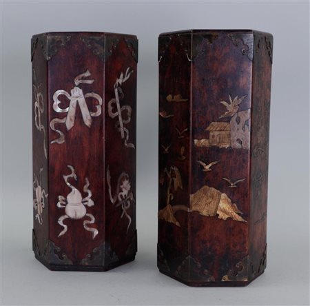 A set of two large wooden brush cups decorated with characters and landscape...