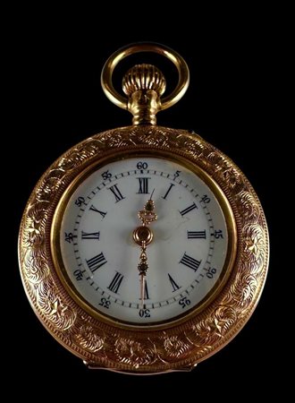 14kt yellow gold pocket watch with Roman numerals. The case is beautifully...