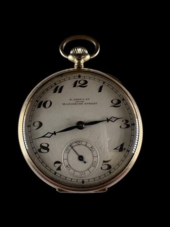 A 14K gold pocket watch with double flap and the inscription on the inside:...