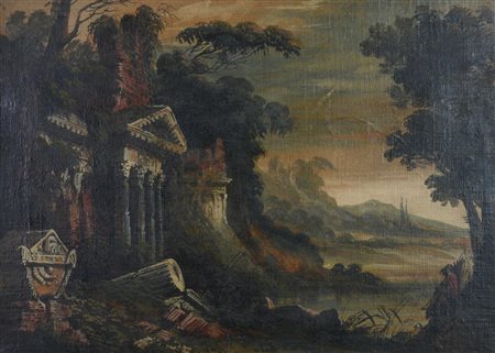 Giuseppe Bernardino Bison, (1762 - 1844) PAESAGGIO CON ROVINE olio su tela,...