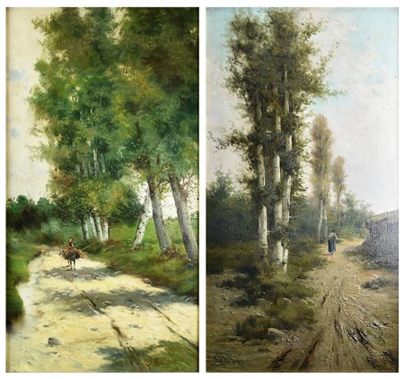 Stanislas Lepine, (1835 - 1892) COPPIA DI VEDUTE CON STRADA DI CAMPAGNA,...