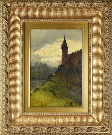 Lorenzo Delleani, (1840 - 1908) CASTELLO olio su tavola, cm 37,3x25,1 sigla