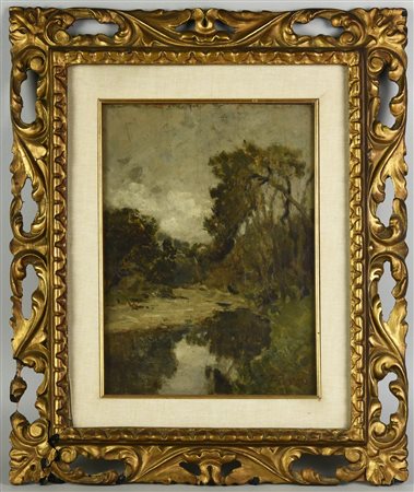 Eugenio Gignous, (1850 - 1906) PAESAGGIO olio su tavola, cm 31,9x23,1 firma