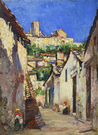 Alessandro Lupo, (1876 - 1953) STRADA DI PAESE olio su faesite, cm 43x31 firma