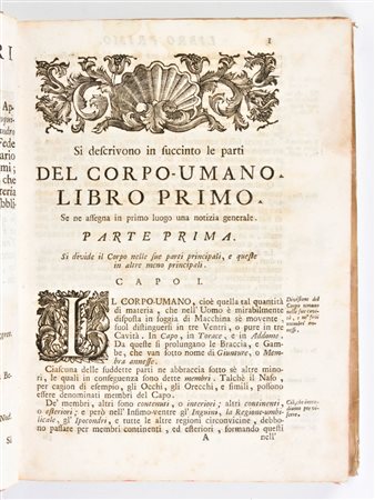 [Medicina/Anatomia] Pascoli, Alessandro : Il corpo umano… si descrivono in Compendio tutti gli organi suoi, e i loro principali uffizi... In Venezia, presso Andrea Poletti, 1750