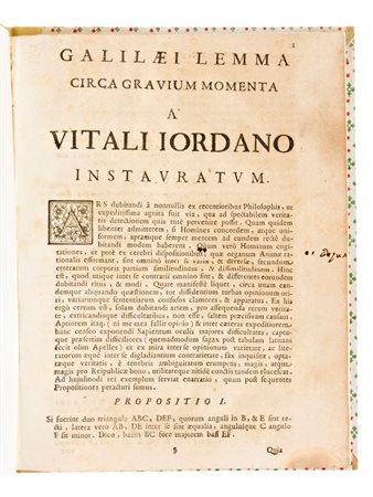 [Matematica] Giordano, Vitale : Galilaei lemma circa gravium momenta a Vitali Jordano instauratum, in Roma 1711