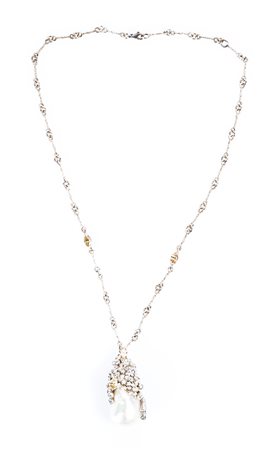 Collana in oro bianco 18kt, diamanti e perla barocca