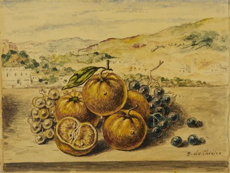 DE CHIRICO GIORGIO (1888 - 1978) - VITA SILENTE DI FRUTTA SU SFONDO DI PAESE.