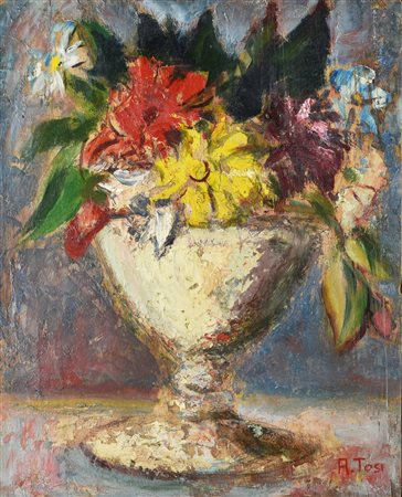 Arturo Tosi (1871 - 1956) VASO DI FIORI olio su tavola, cm 40x31,5 firma sul...