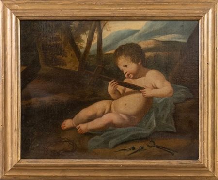  
Maestro del XVII secolo. Ambito di Poussin. Gesù Bambino in contemplazione del Crocefisso e con gli strumenti della Passione.  
 