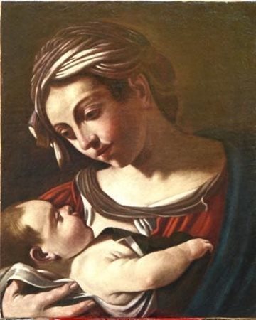  
Bottega di Giovanni Francesco Barbieri, detto il Guercino (Cento 1591 - Bologna 1666).  Madonna con il Bambino. 
 