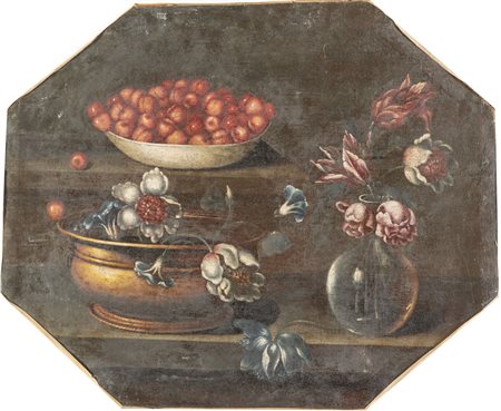  
Pittore del XVII-XVIII secolo. Natura morta con ciliegie e vaso di fiori.  
 