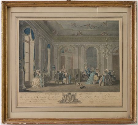  
François Nicolas Barthélemy Dequevauviller (Abbeville 1745–Parigi 1807). Assemblee au Salon. 
 