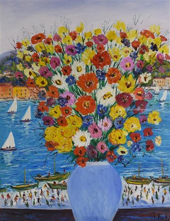 Antonio Ialenti FIORI A PORTOFINO olio su tela, cm 80x60 firma sul retro:...