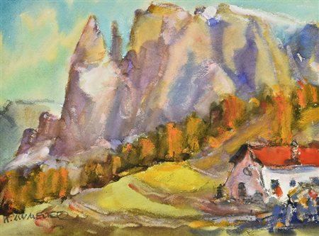 Huber Mumelter PAESAGGIO DOLOMITICO tecnica mista su carta, cm 33,5x45 firma...