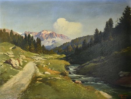 A firma E. Egli PAESAGGIO MONTANO, 1923 olio su tela, cm 45x60 firma 'E....